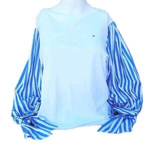 RTL $69 Tommy Hilfiger Long Blue Striped Puffy Sleeve White 100% Cotton SzL Top